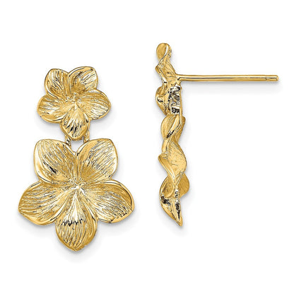 14k Yellow Gold Double Plumeria Flower Dangle Earrings