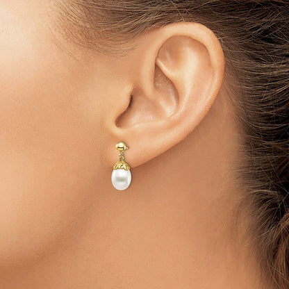 14k Yellow Gold 7-8mm White Rice Freshwater Cultured Pearl Dangle Earrings