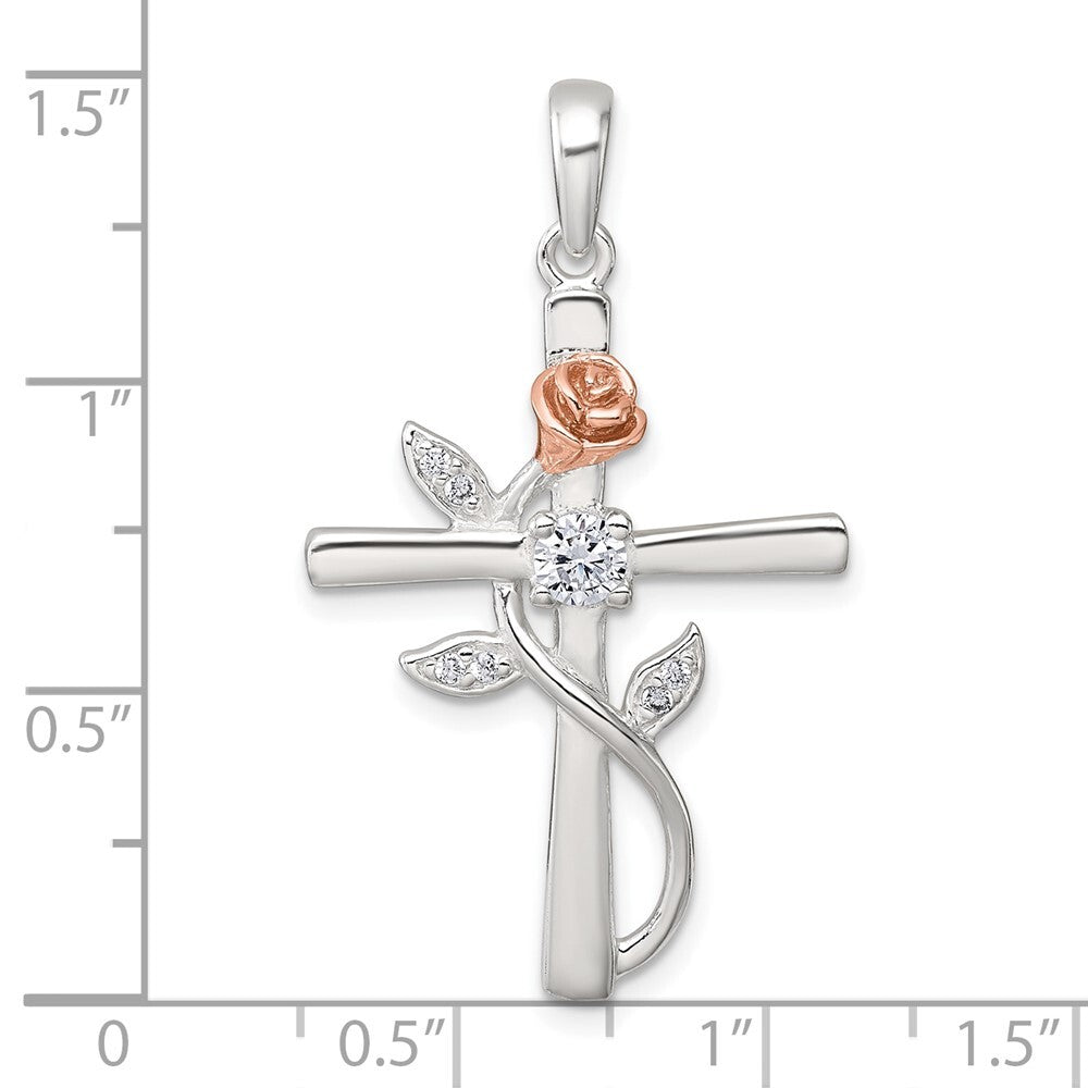 Sterling Silver Rose-tone Cubic Zirconia Cross with Rose Pendant