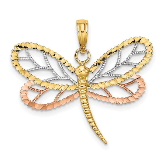 14k Two-tone Gold White Rhodium Dragonfly Beaded Diamond-cut Wings Charm Pendant