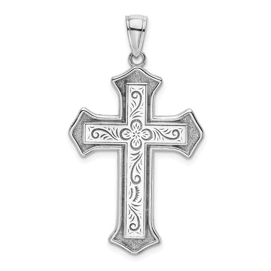 14k White Gold 2-D Filigree Center Block Cross Charm Pendant for Women