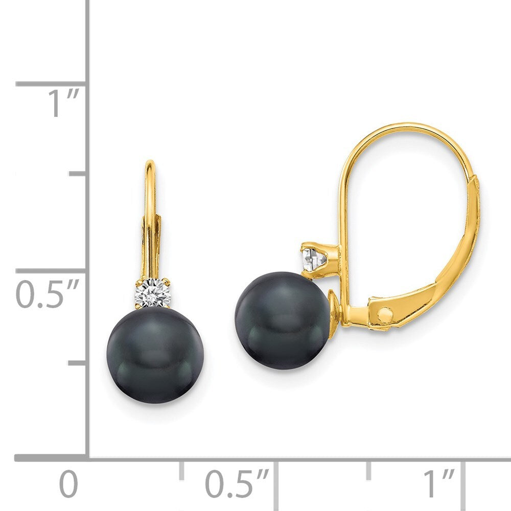 14k Yellow Gold 6-7mm Black FW Cultured Pearl AA Diamond Leverback Earrings