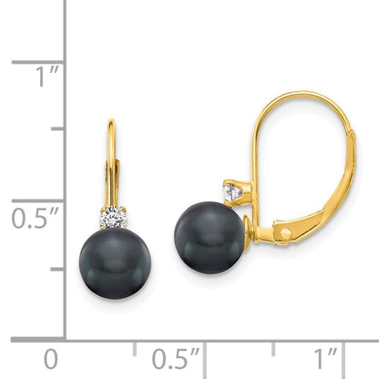 14k Yellow Gold 6-7mm Black FW Cultured Pearl AA Diamond Leverback Earrings