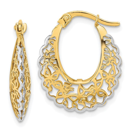 14k Yellow Gold Rhodium-plated Polished Filigree Hoop Earrings