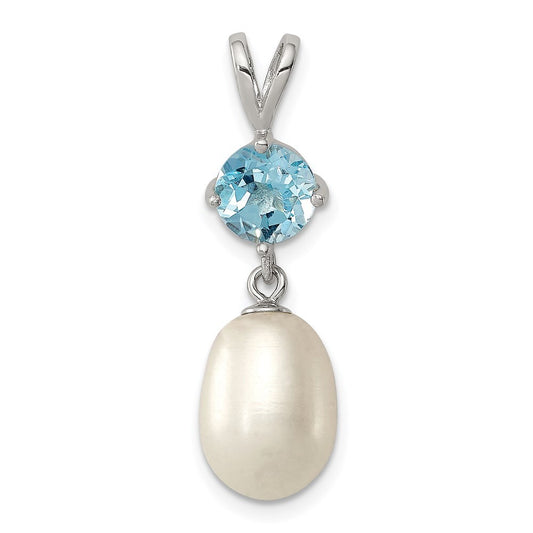 Sterling Silver 8-9mm White Freshwater Cultured Pearl and Blue Topaz Pendant