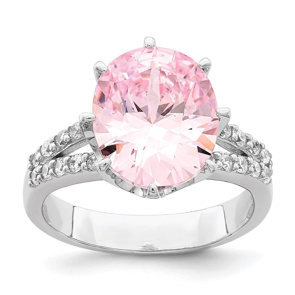 Sterling Silver Rhodium-plated 12x10 Oval Pink & White Cubic Zirconia Ring SZ 6