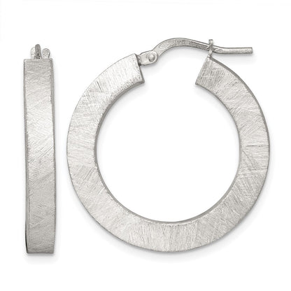 Sterling Silver Brushed Textured 4.25mm x 28mm Square Tube Hoop Earrings