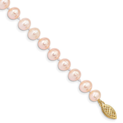 14k Yellow Gold 6-7mm Pink Near-Round Freshwater Cultured Pearl 7.5" Bracelet