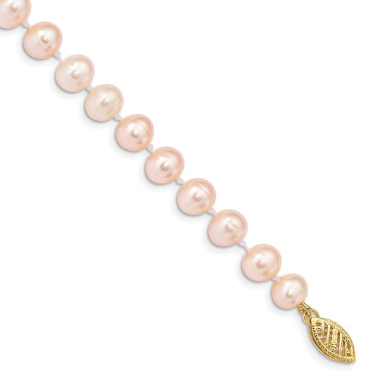 14k Yellow Gold 6-7mm Pink Near-Round Freshwater Cultured Pearl 7.5" Bracelet