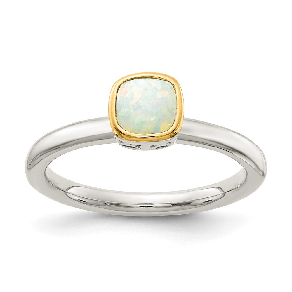Sterling Silver & 14K Gold Accent Polished Cushion-cut Milky Opal Ring Sz 7