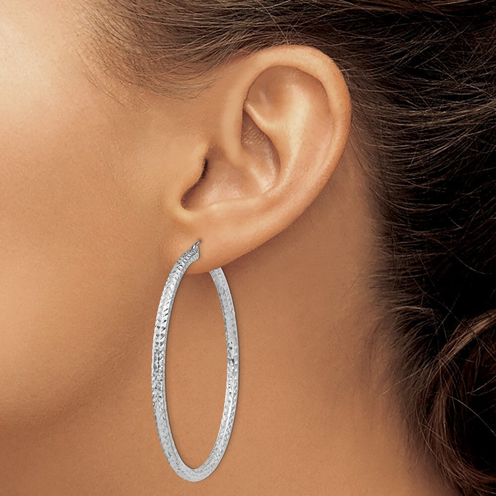 Sterling Silver Rhodium-plated Diamond-cut 3x55mm Hoop Earrings