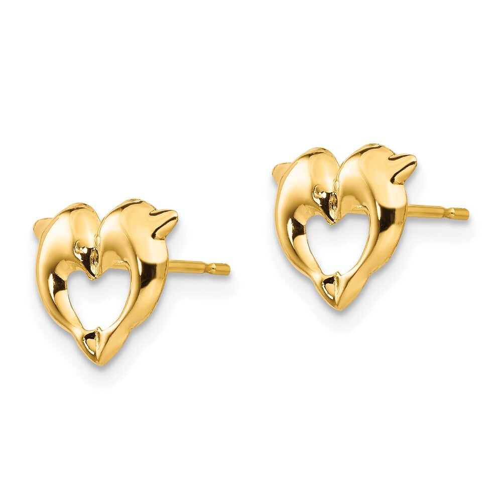 14k Yellow Gold Heart Dolphins Stud Earrings Gift for Women