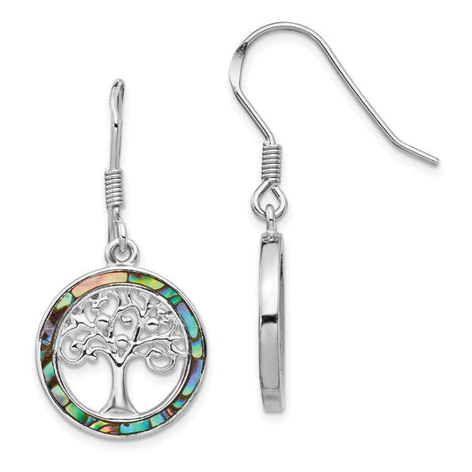 Sterling Silver Rhodium-plated Abalone Circle Tree Dangle Earrings