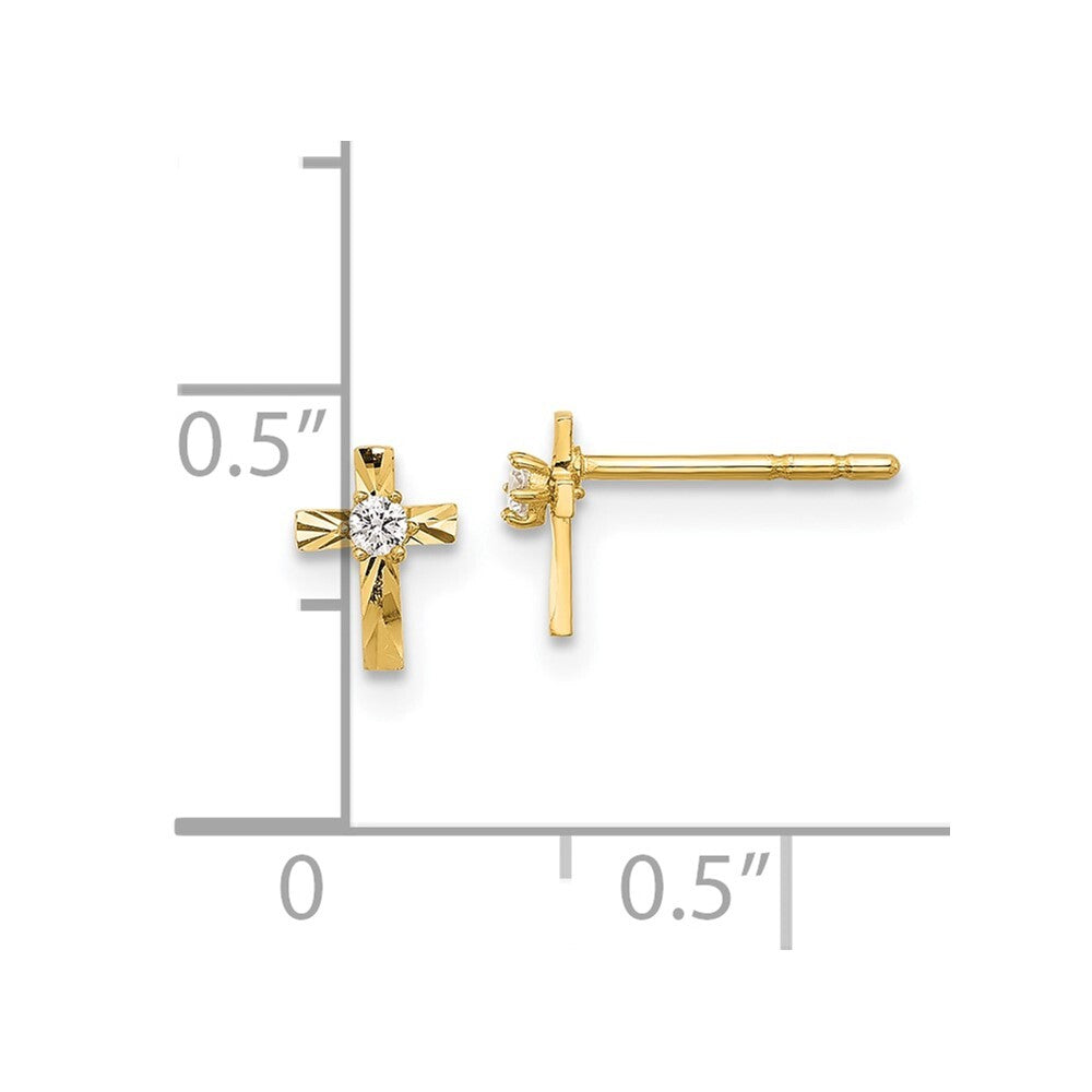 14k Yellow Gold Polished and D/C Cubic Zirconia Cross Stud Earrings