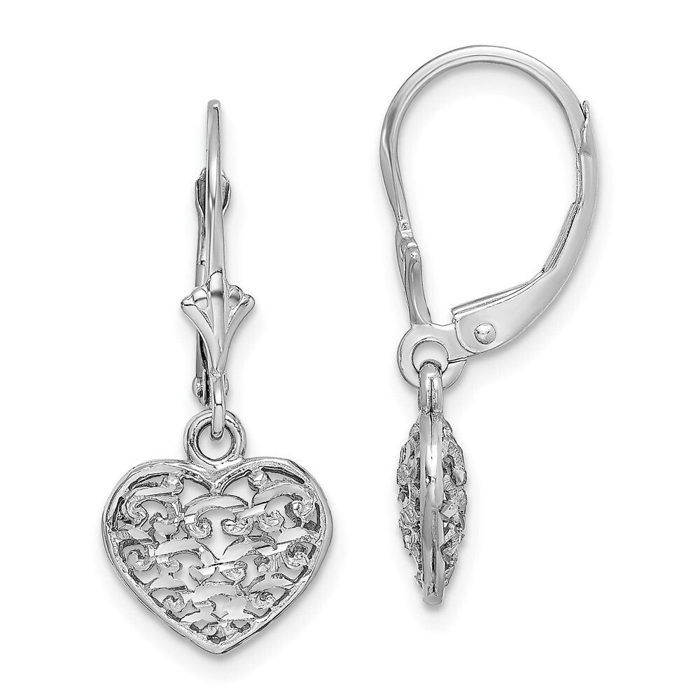 14K White Gold 3-D Mini Diamond-cut Puffed Heart Leverback Earrings