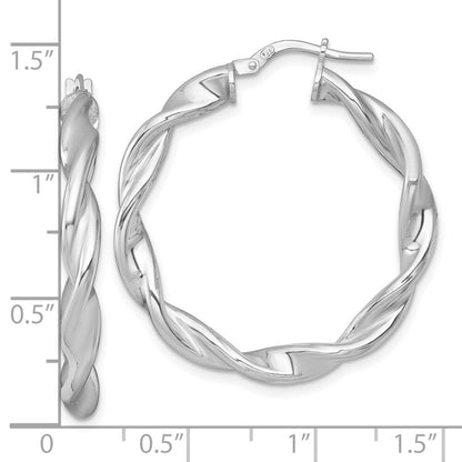 Sterling Silver RH-plated Polished and Twisted Round Hoop Earrings