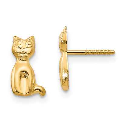 14k Yellow Gold Cat Stud Earrings Gift for Women