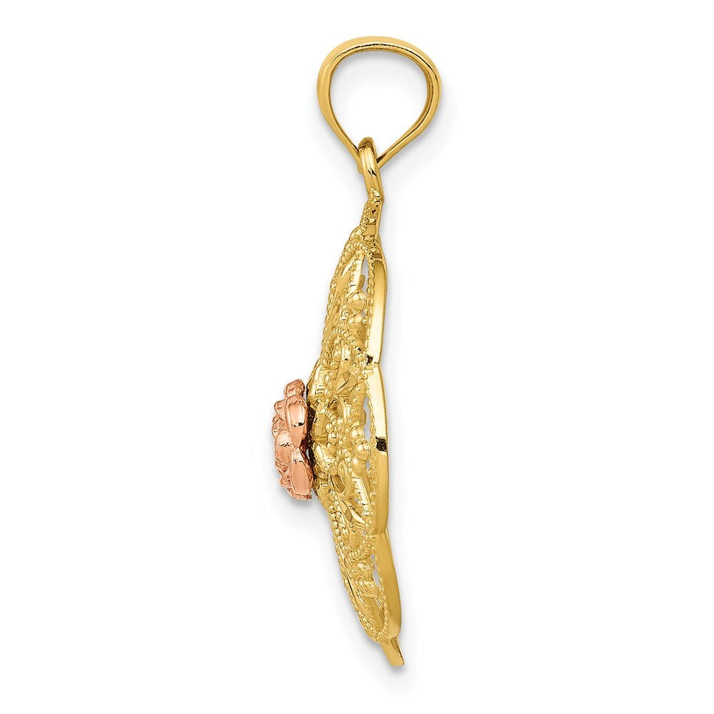14k Two-tone Gold Yellow and Rose Polished Rose in Round Filigree Charm Pendant