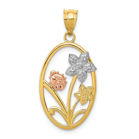 14k Two-tone Gold White Rhodium Diamond-cut Oval Floral Pendant