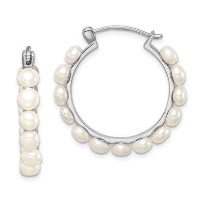 Sterling Silver 4-5mm White Button Freshwater Cultured Pearl Hoop Earrings