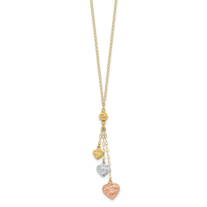 14k Tri-color Gold Puff Heart Lariat with 2in ext Necklace