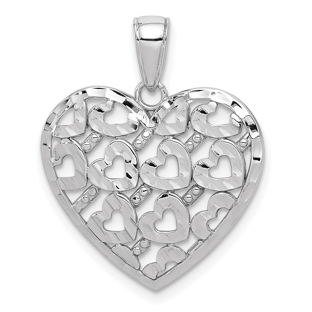 14k White Gold Diamond-cut Heart Pattern On Heart Charm Pendant for Women