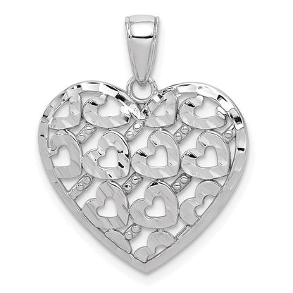 14k White Gold Diamond-cut Heart Pattern On Heart Charm Pendant for Women