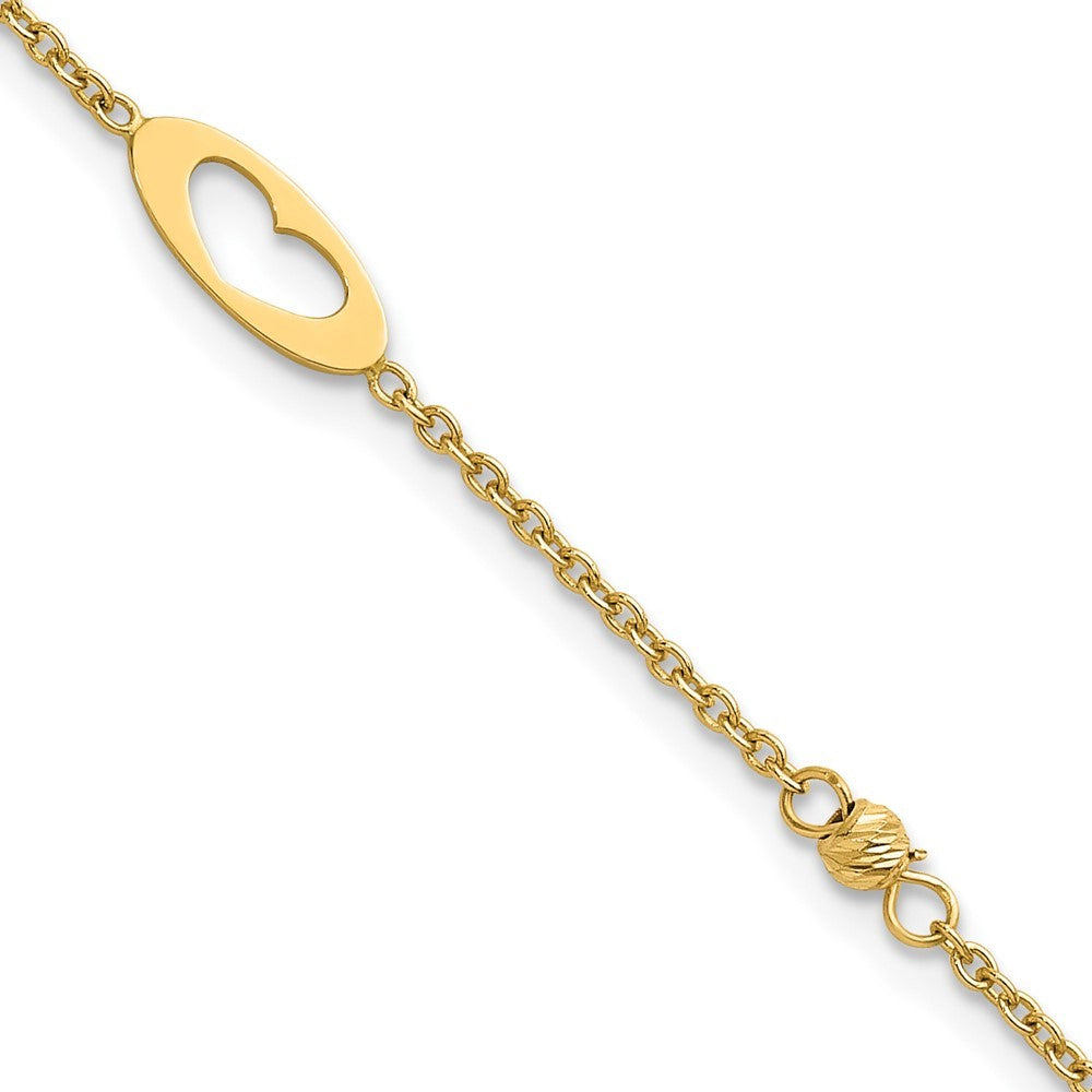 14k Yellow Gold Polished Cut-out Hearts and Diamond-cut Beads 7.5 inch Bracelet