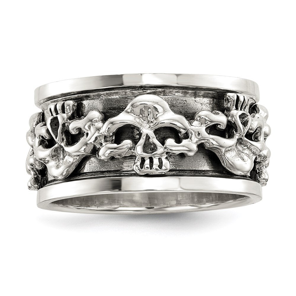 Sterling Silver Polished Spinning Center Antiqued Skull Ring Size 10