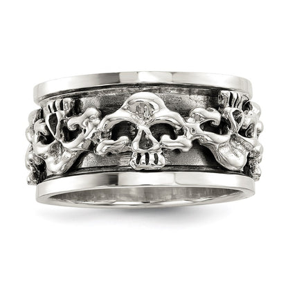 Sterling Silver Polished Spinning Center Antiqued Skull Ring Size 10