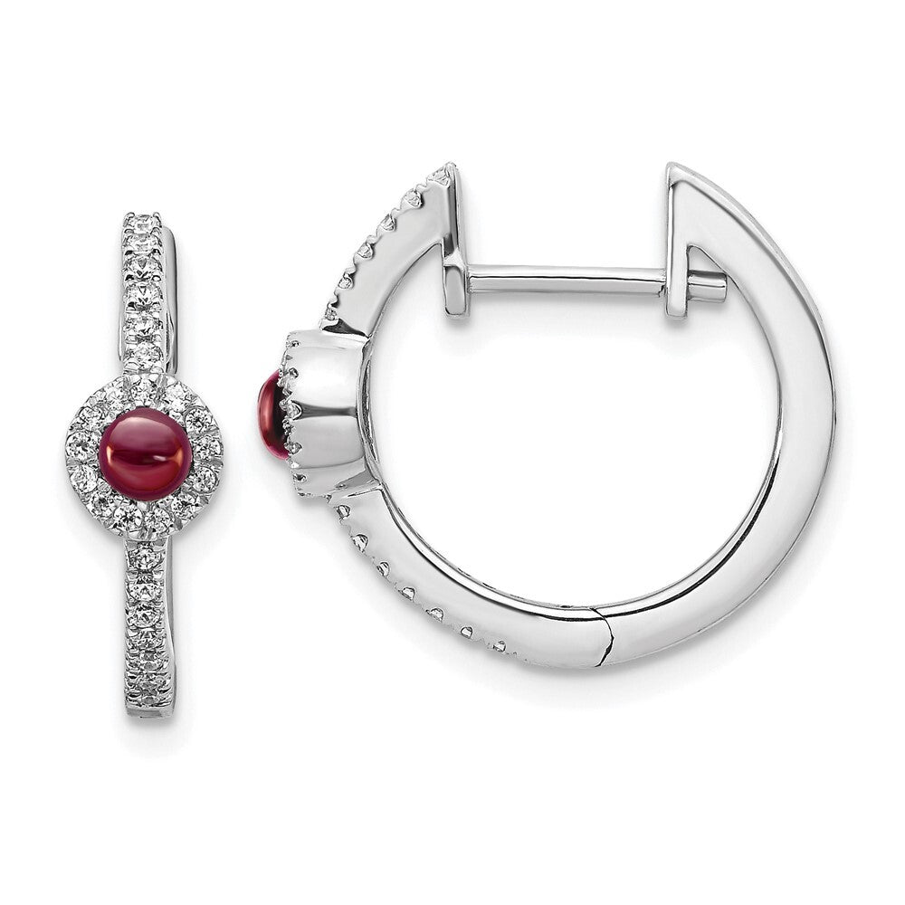 14k White Gold Diamond and Cabochon Garnet Hoop Earrings