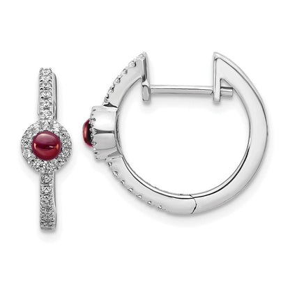 14k White Gold Diamond and Cabochon Garnet Hoop Earrings