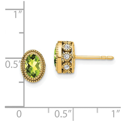 14k Yellow Gold Oval Peridot and Diamond Stud Earrings