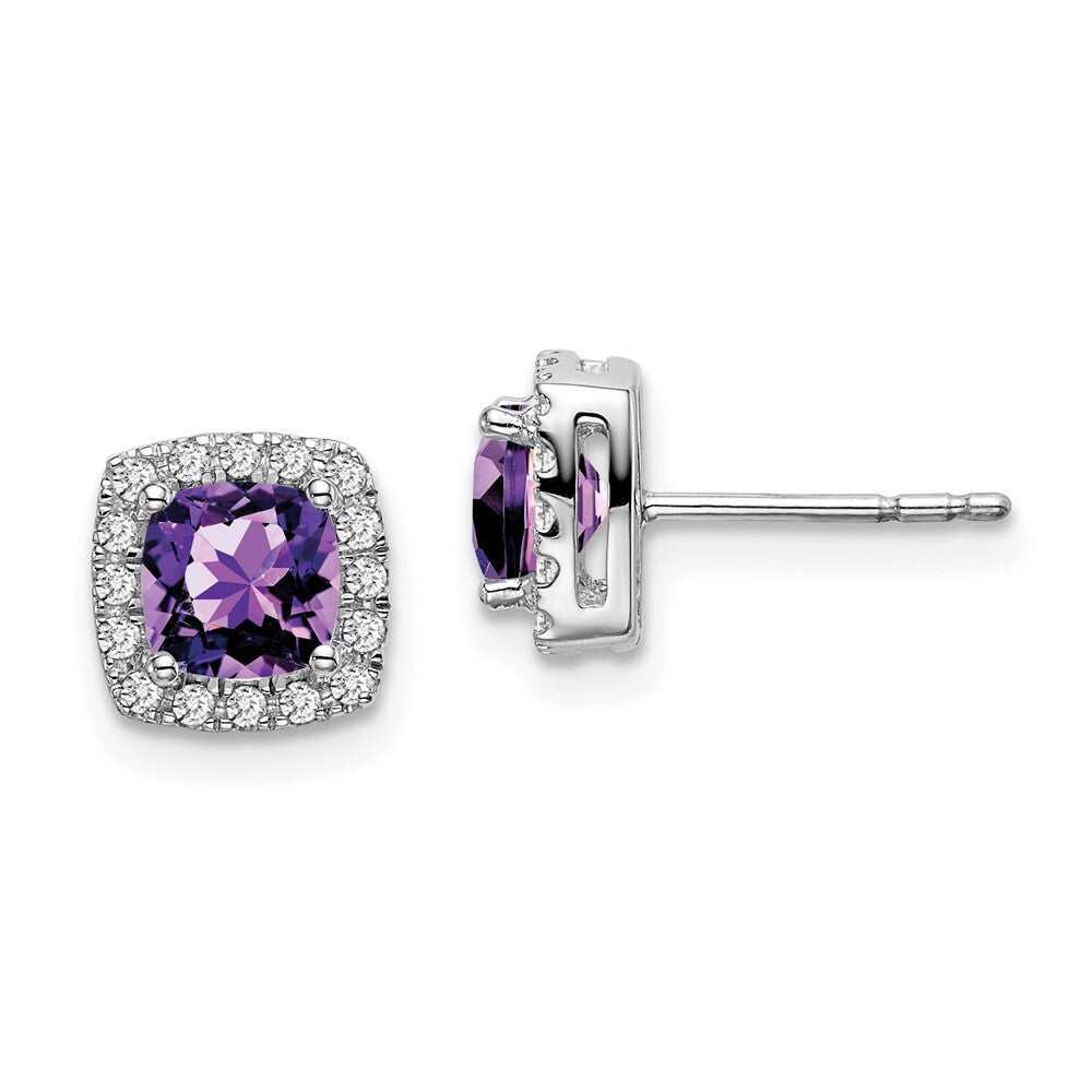 14k White Gold Cushion Amethyst and Diamond Halo Stud Earrings