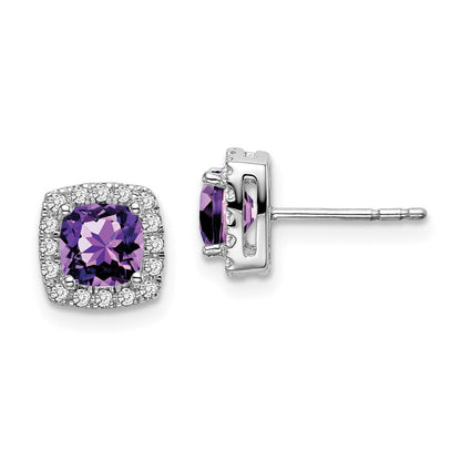 14k White Gold Cushion Amethyst and Diamond Halo Stud Earrings