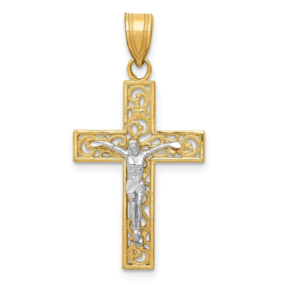 14k Two-tone Gold Diamond-Cut Small Block Filigree Crucifix Pendant for Women