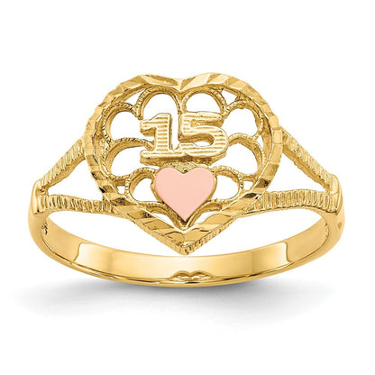 14K Two-tone Gold Diamond Cut 15 Heart Ring