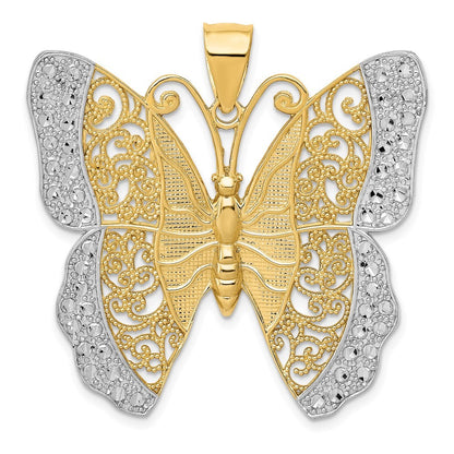 14k Yellow Gold w Rhodium Solid Polished Diamond-cut Filigree Butterfly Pendant