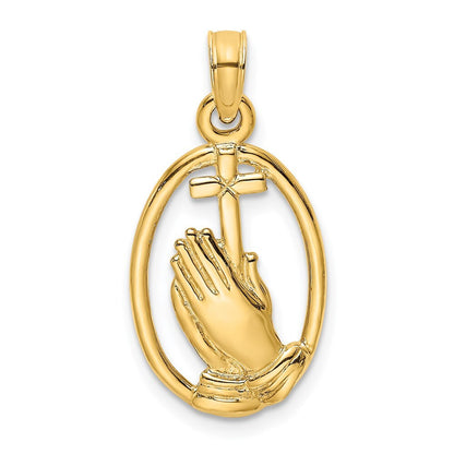 14k Yellow Gold Praying Hands and Cross In Oval Charm Pendant for Women