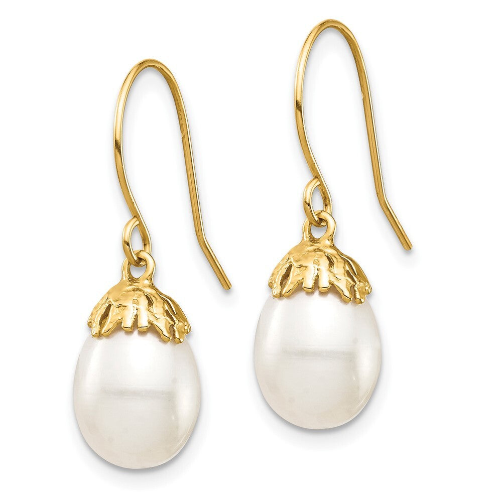 14k Yellow Gold 7-8mm White Rice Freshwater Cultured Pearl Dangle Earrings