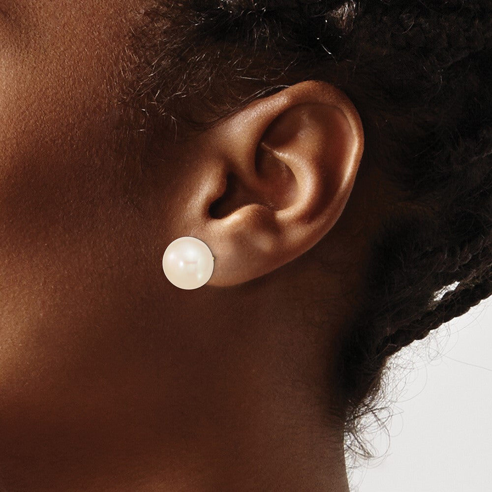 14k Yellow Gold 13-14mm White Button Freshwater Cultured Pearl Stud Earrings