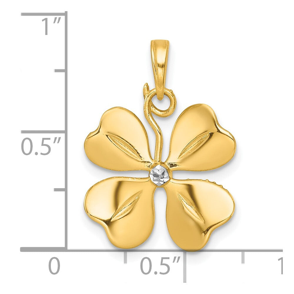 14k Yellow Gold with White Rhodium Polished 4 Leaf Clover Charm Pendant