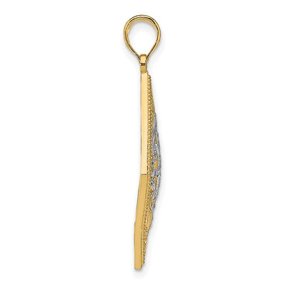 14k Yellow Gold Rhodium Diamond Shape Cut-Out Filigree Charm Pendant for Women