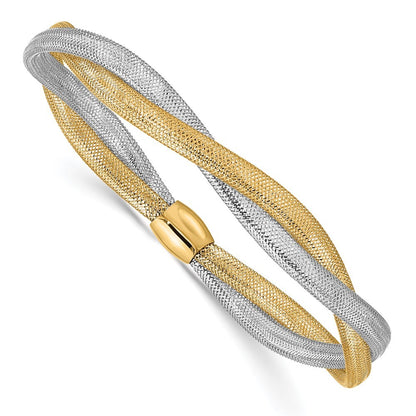 14k Yellow Gold with White Rhodium Twisted Woven Mesh Slip-on Stretch Bracelet