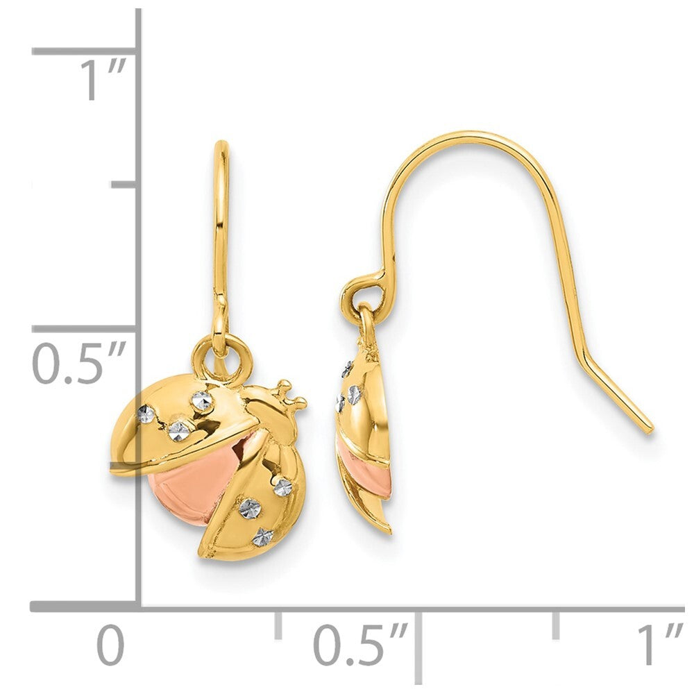14k Yellow Gold Rose and White Rhodium Diamond-Cut Ladybug Dangle Earrings