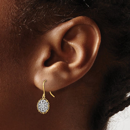 14k Yellow Gold and Rhodium Fancy Dangle Wire Earrings