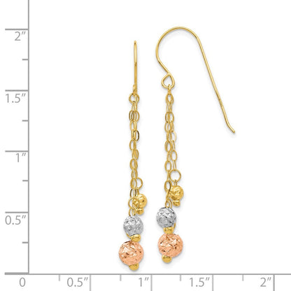 14K Tri-color w/Diamond-cut Beads Dangle Earrings