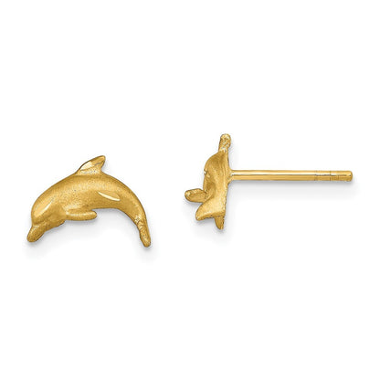 14k Yellow Gold Satin Diamond-cut Dolphin Stud Earrings Gift for Women