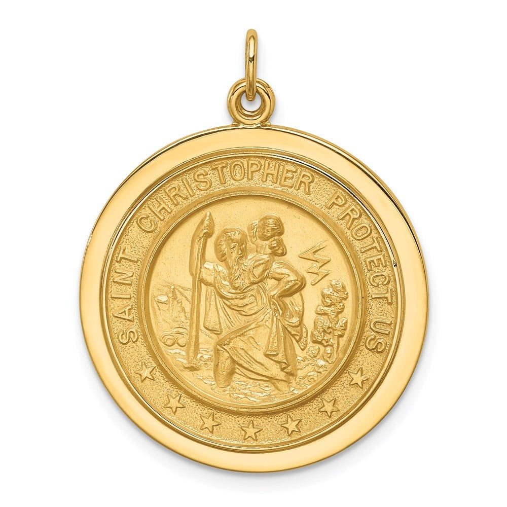 14k Yellow Gold Solid Polished Satin Medium Round Disc St. Christopher Medal