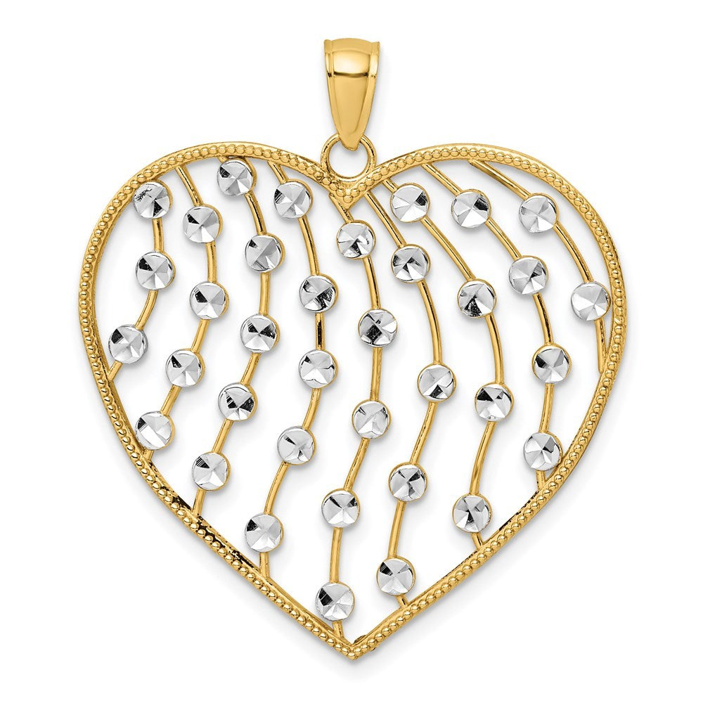 14k Yellow Gold with White Rhodium Diamond-cut Large Heart Pendant